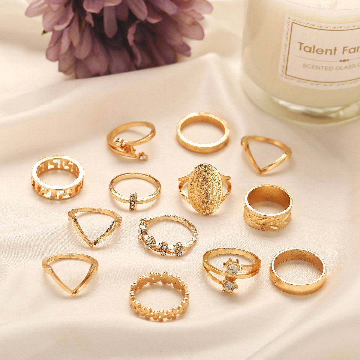 13-Piece Medallion Ring Set with Austrian Crystals – 18K Gold Plated, Italian Design